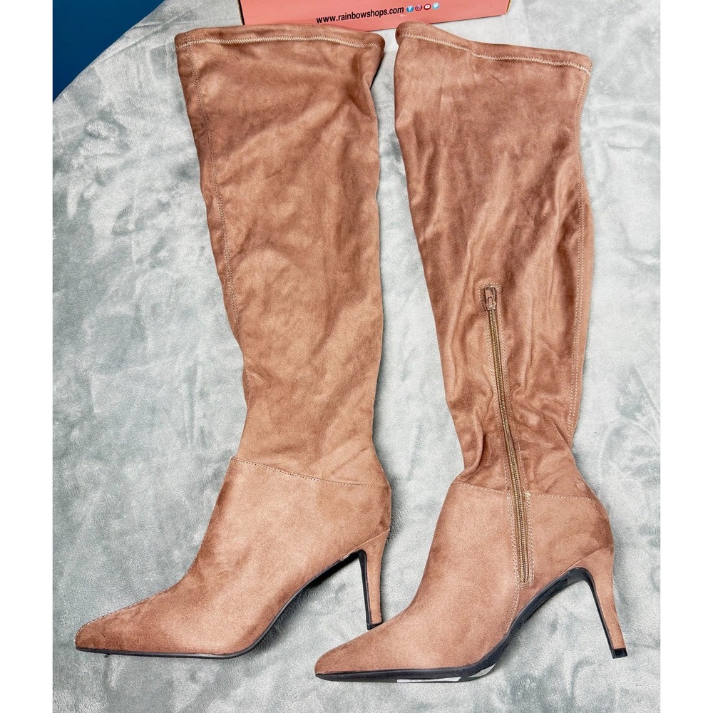Rouge Wide Calf Knee High Boots Womens 10 Taupe Faux Suede Stiletto Heel